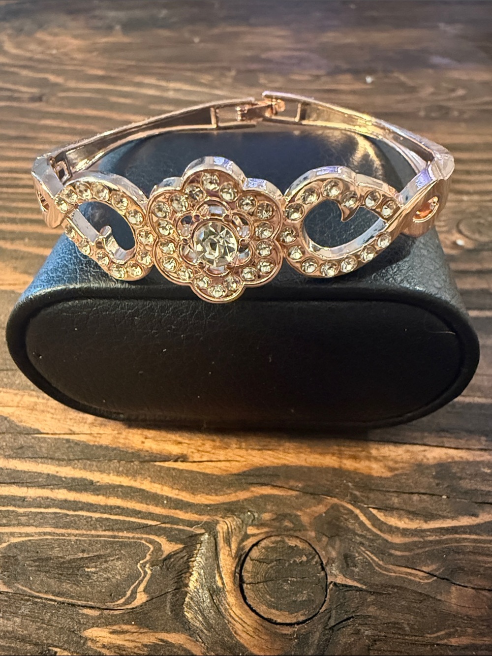 Gold Plated Rose Gold Floral Crystal Hinged Bangle Bracelet - Women Accessories